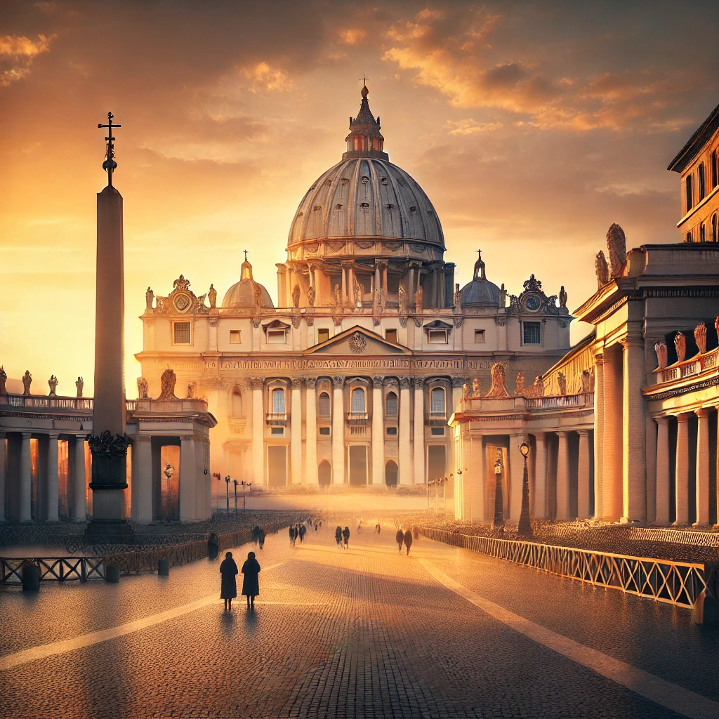 An image of St. Peter's Basilica in Vatican City at sunrise, with golden light illuminating the dome, surrounded by the iconic colonnades of St. Peter's Square and a few visitors walking through.