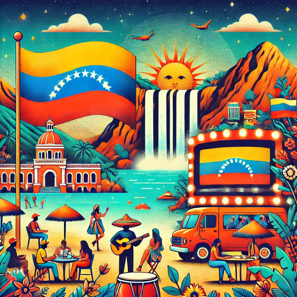 An interactive quiz featuring Venezuelan elements such as Hallaca, Angel Falls, and a depiction of a sunny beach like Playa Medina. Background includes iconic cultural imagery like the Venezuelan flag and a festive gathering.