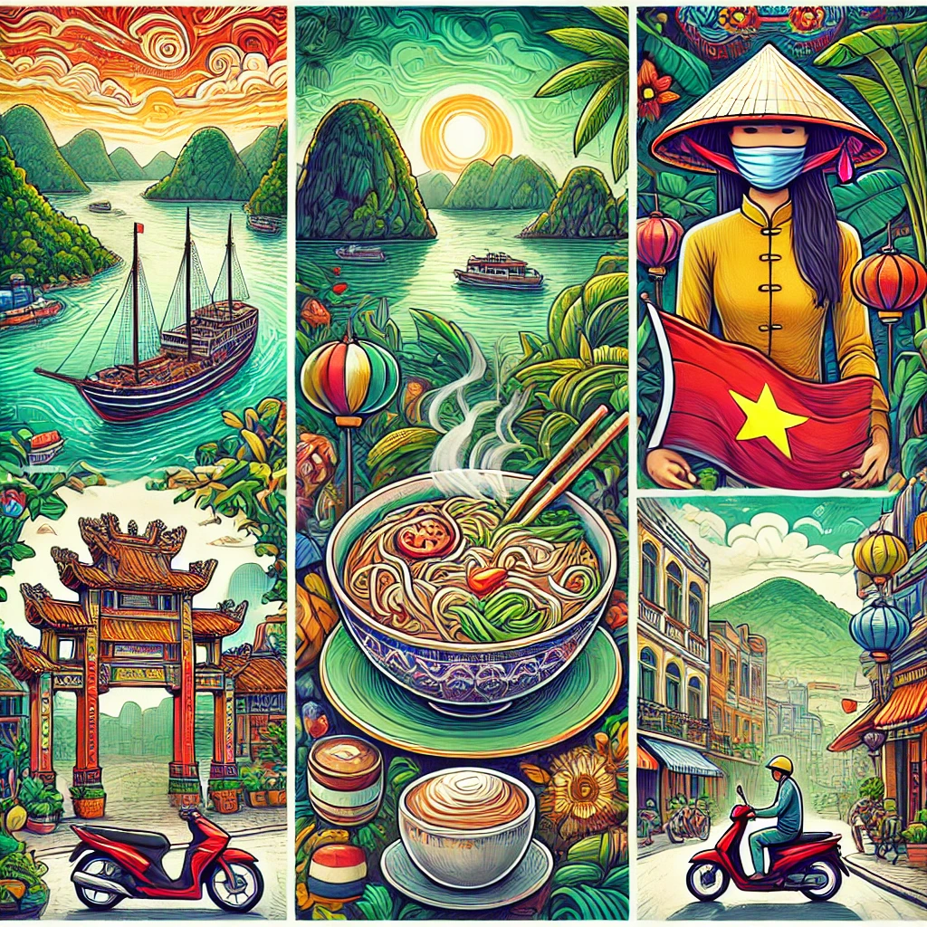 A vibrant illustration featuring Ha Long Bay, a steaming bowl of Pho, a bustling motorbike street scene, traditional Vietnamese coffee, and iconic cultural symbols like the conical hat against a lush green backdrop.