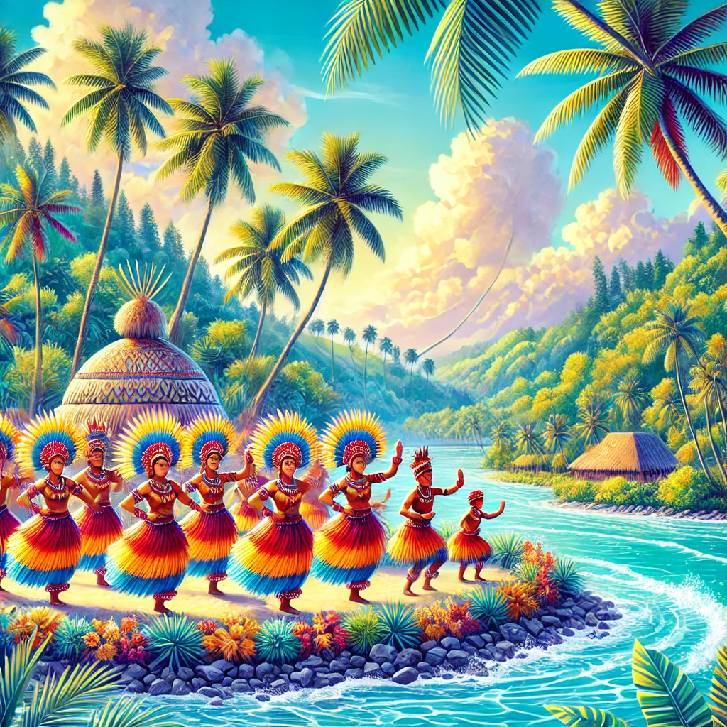 A vibrant depiction of Wallis and Futuna, featuring traditional dancers in colorful costumes, tropical landscapes with palm trees, and a view of serene coastal waters under a sunny sky.