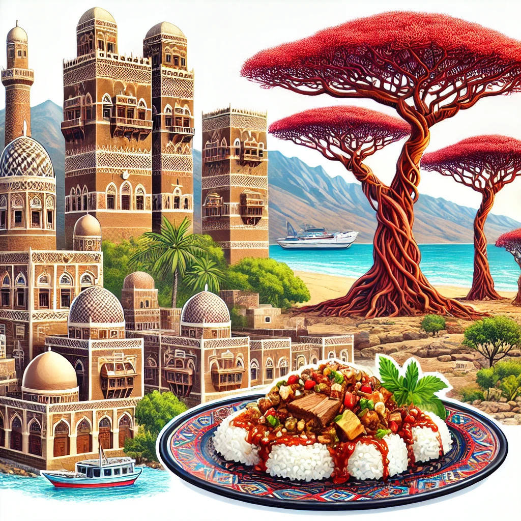 A scenic view of Yemen's iconic tower houses in Sana'a, Socotra Island's unique dragon blood trees, and a traditional Yemeni Mandi dish served with rice and meat.