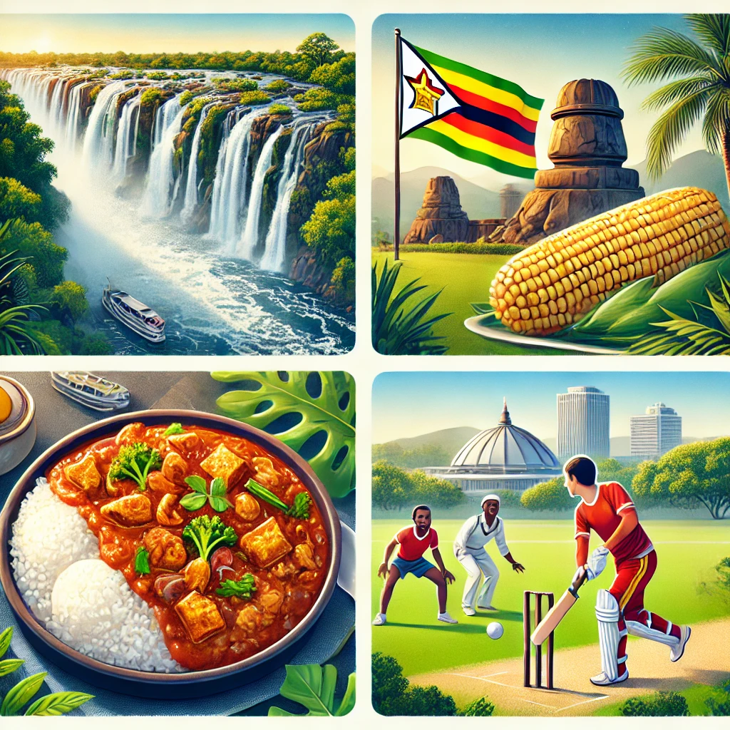 A quiz-themed image showcasing Zimbabwe’s cultural highlights: the majestic Victoria Falls, traditional dishes like Sadza, the Great Zimbabwe Ruins, and a cricket match representing the country’s popular sport.